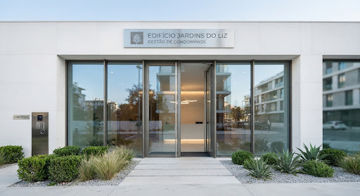 Entrada do espaço de uma empresa de gestão de condomínios